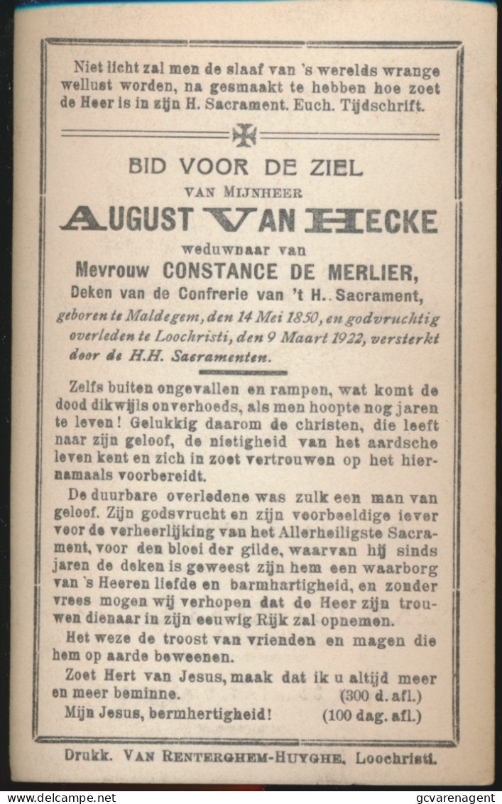 AUGUST VAN HECKE  MALDEGEM    1850      LOCHRISTI 1922 - Esquela