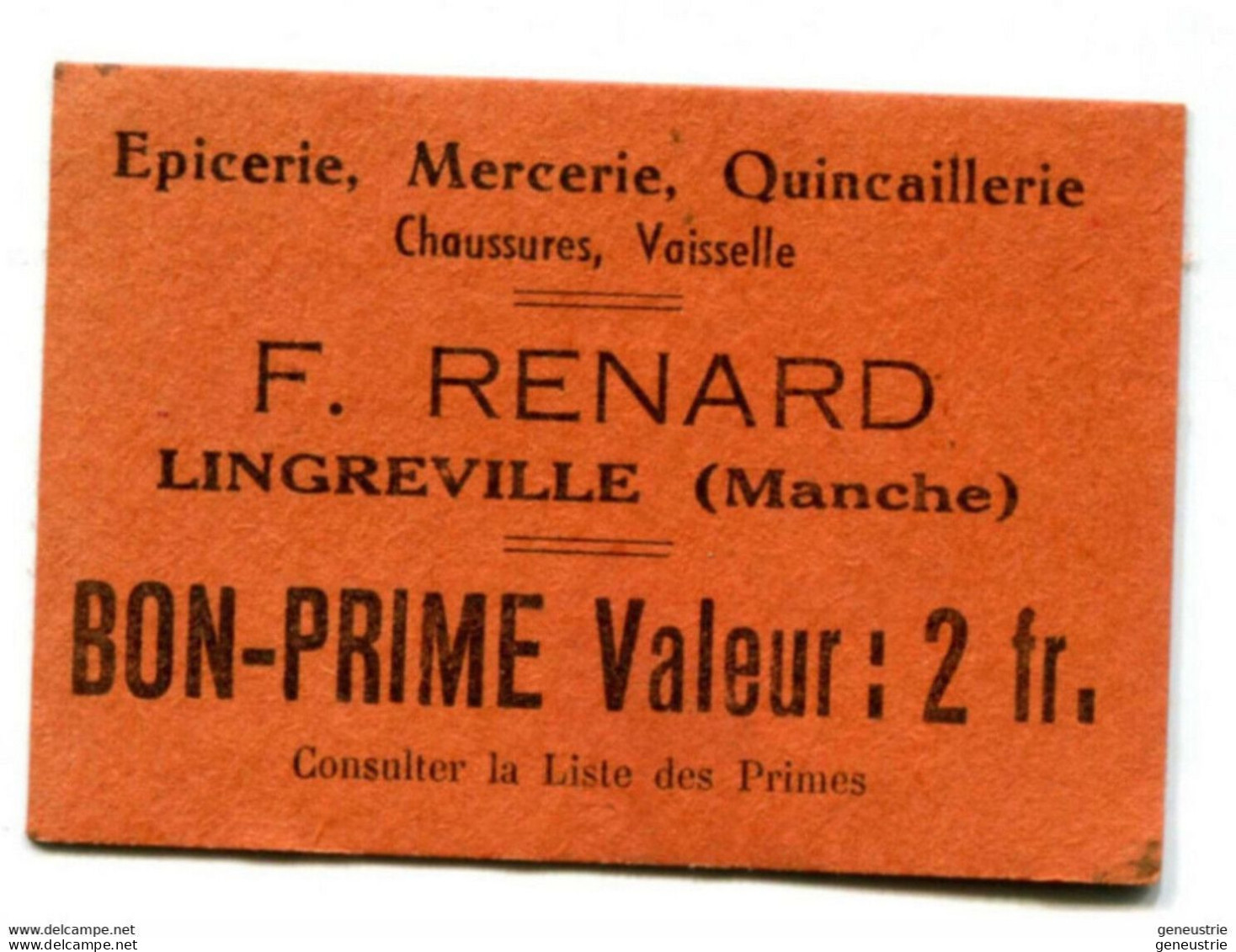 Jeton-carton De Nécessité Carton "2fr Epicerie, Mercerie F. Renard à Lingreville" Manche - Normandie - Monetary / Of Necessity