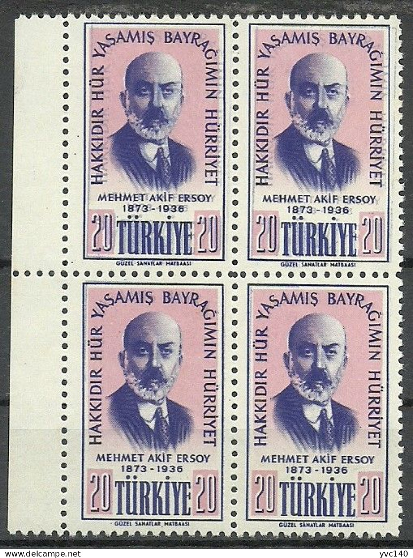 Turkey; 1956 20th Anniv. Of The Death Of Poet Mehmet Akif Ersoy ERROR "Shifted Blue Color" - Nuovi