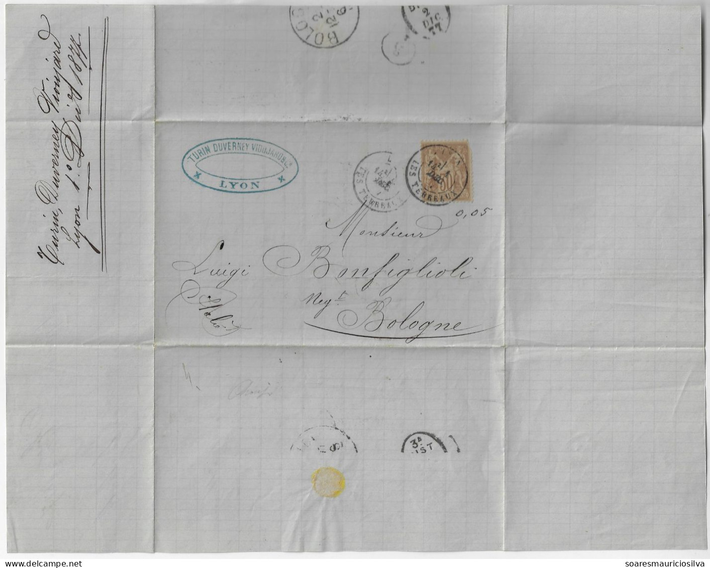 France 1877 Complete Fold Cover Turin Duverney Vioujard & Co From Lyon Agency Les Terreaux To Bologna Italy Stamp Sage - 1876-1878 Sage (Tipo I)