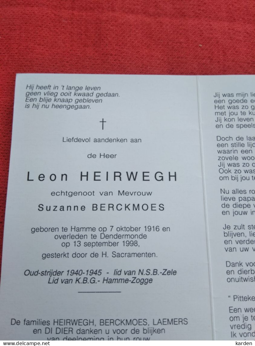 Doodsprentje Leon Heirwegh / Hamme 7/10/1916 Dendermonde 13/9/1998 ( Suzanne Berckmoes ) - Religion & Esotérisme