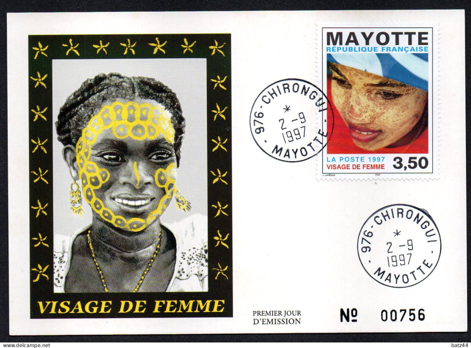 MAYOTTE 1997 Visage De Femme 6 CP Oblitérées M'Zamboro , M'Tsangamouji , Chirongui , Dzoumogne , Sada , Pamandzi - Brieven En Documenten