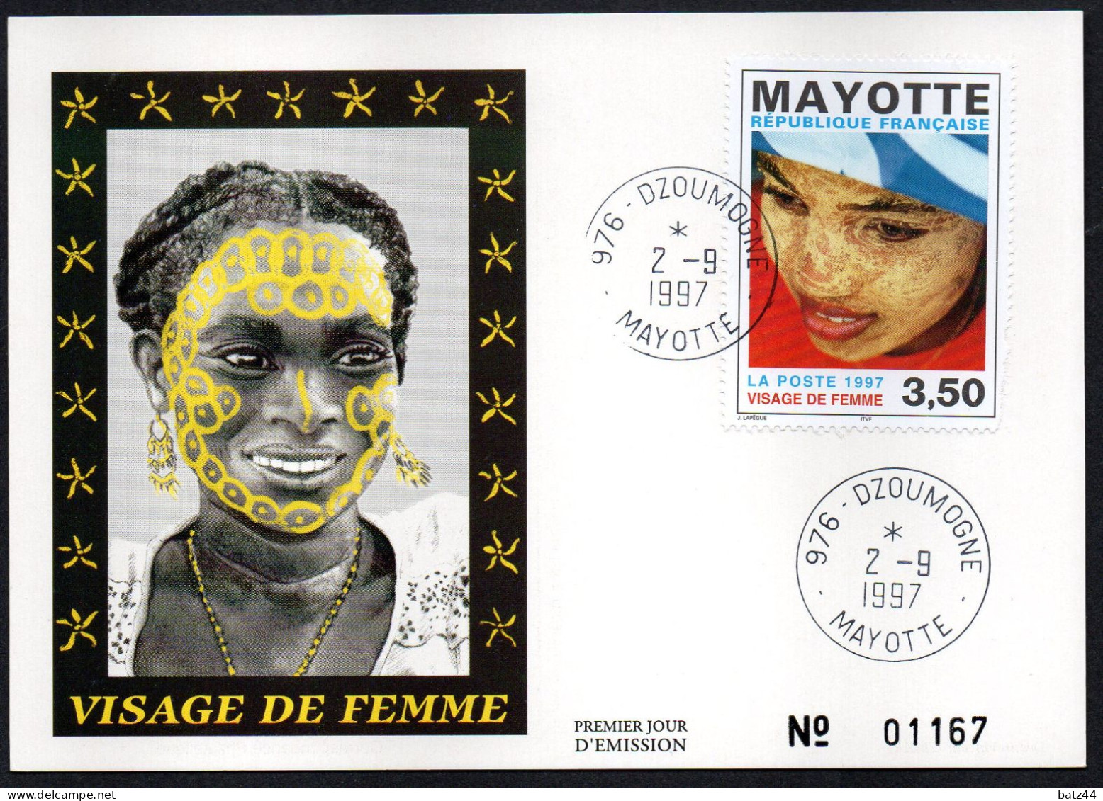 MAYOTTE 1997 Visage De Femme 6 CP Oblitérées M'Zamboro , M'Tsangamouji , Chirongui , Dzoumogne , Sada , Pamandzi - Lettres & Documents