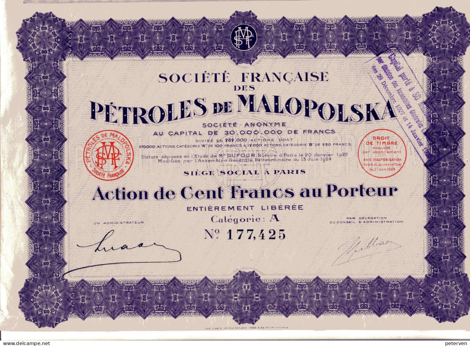 Francaise Des PÉTROLES De MALOPOLSKA; Action De Cent Francs - Sin Clasificación