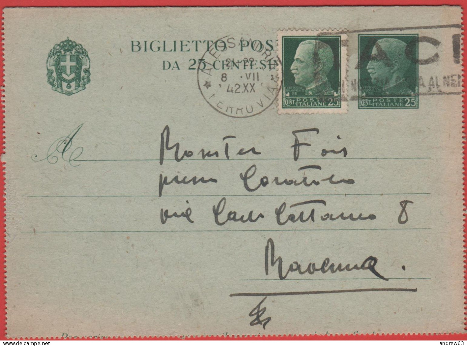 ITALIA - Storia Postale Regno - 1942 - 25c Imperiale + 25c - Biglietto Intero Postale - Viaggiata Da Alessandria Per Rav - Postwaardestukken