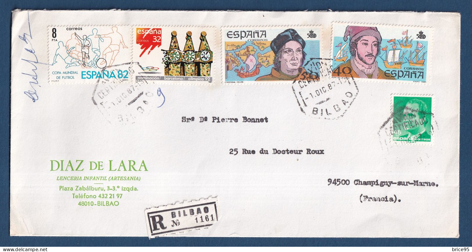 Espagne - Recommandé - Pour La France - Diaz De Lara - 1987 - Cartas & Documentos