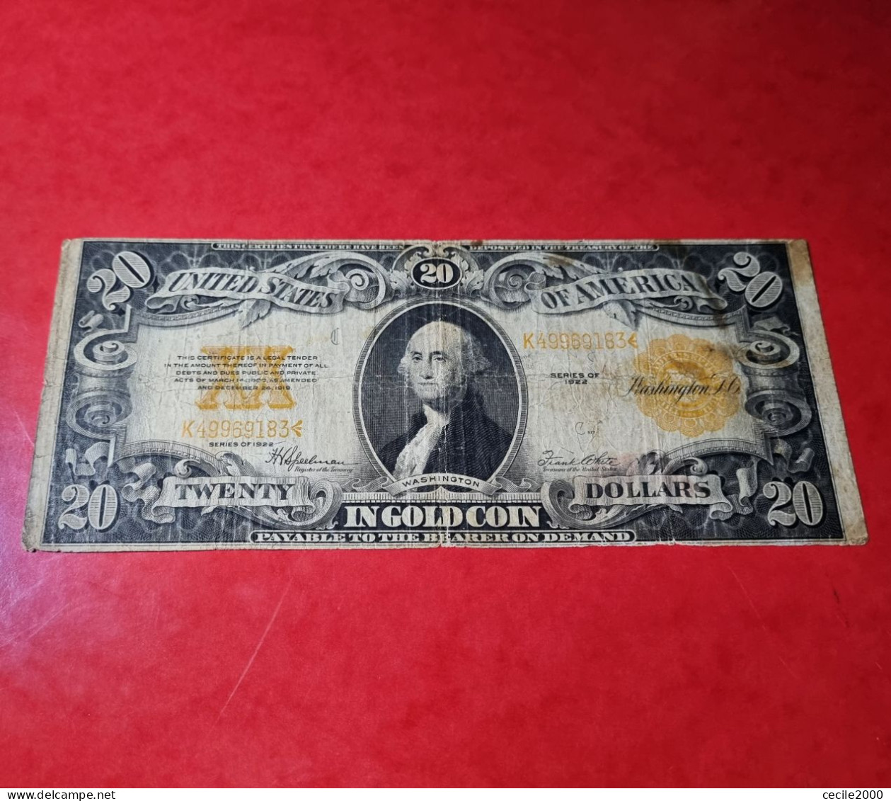 1922 USA $20 DOLLARS *GOLD CERTIFICATE* UNITED STATES BANKNOTE F/F+ BILLETE ESTADOS UNIDOS *COMPRAS MULTIPLES CONSULTAR* - Gold Certificates – Títulos Oro (1882-1922)
