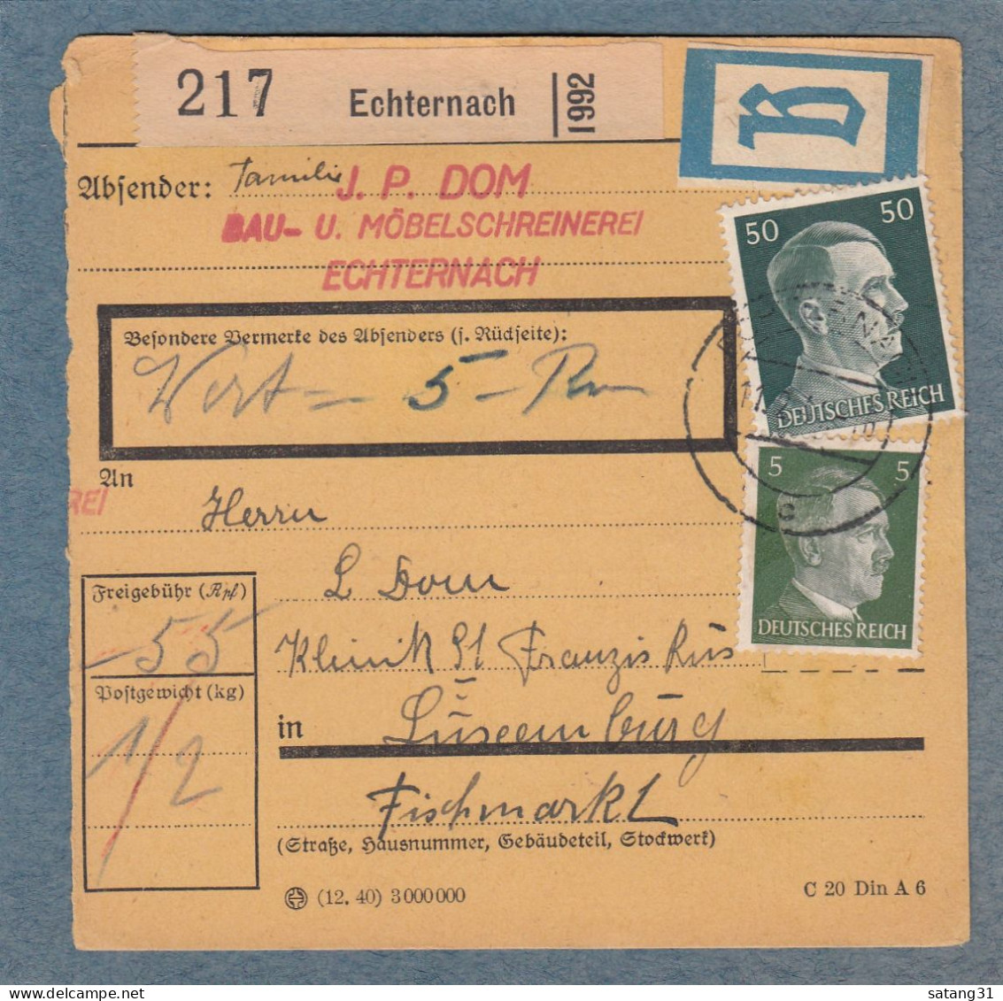 PAKETKARTE MIT WERTANGABE AUS ECHTERNACH. - 1940-1944 Occupazione Tedesca