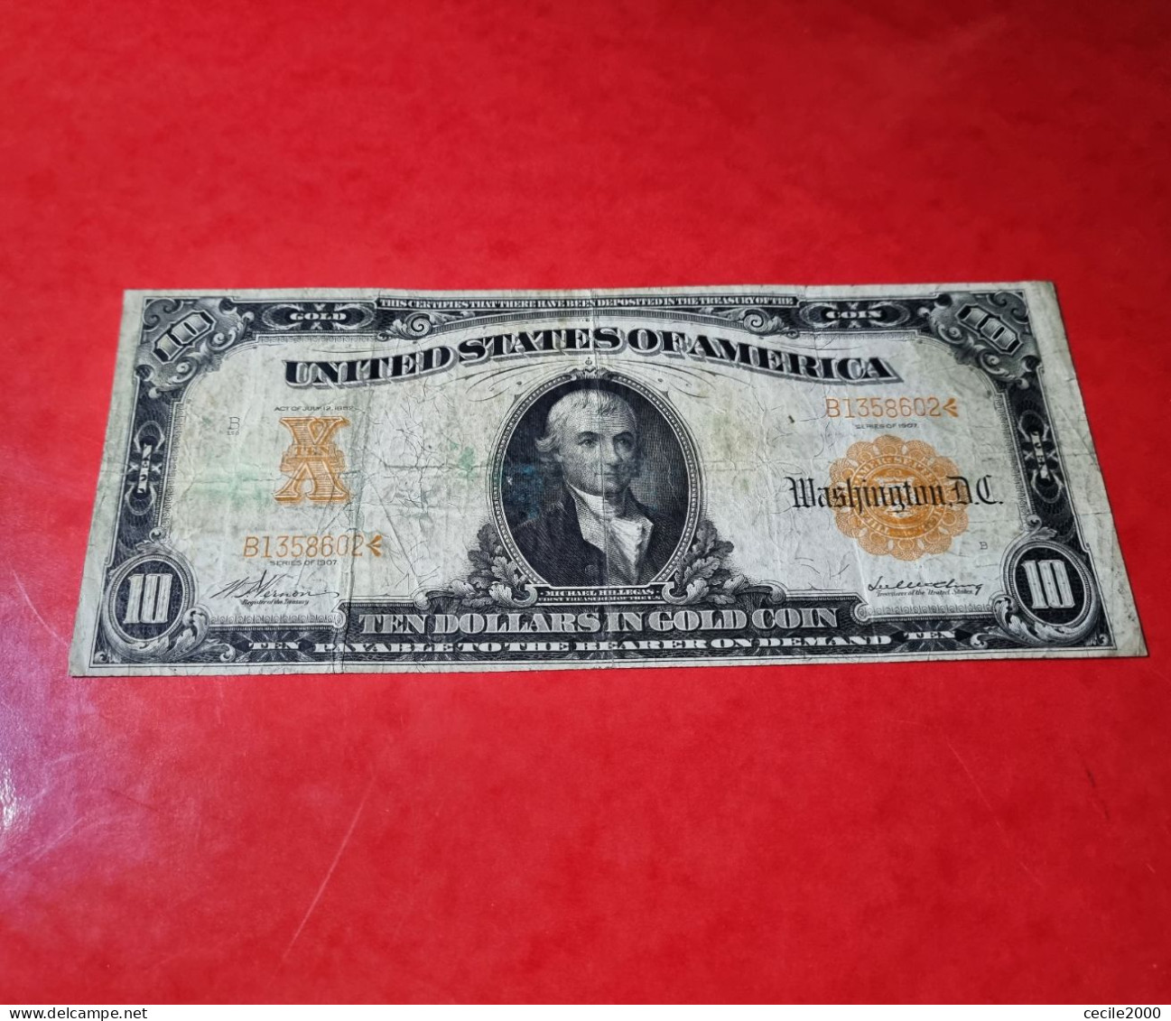 1907 USA $10 DOLLARS *GOLD CERTIFICATE* UNITED STATES BANKNOTE F+/VF BILLETE ESTADOS UNIDOS COMPRAS MULTIPLES CONSULTAR - Goudcertificaten (1882-1922)