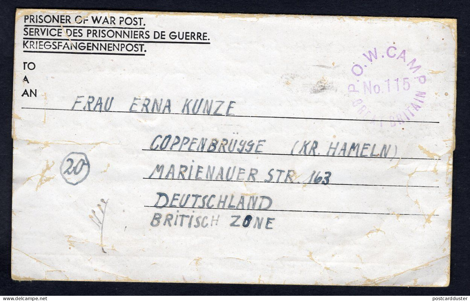 GB 1946 German POW Camp No115 Cover To Coppenbrügge Kreis Hammeln (p1574) - Lettres & Documents