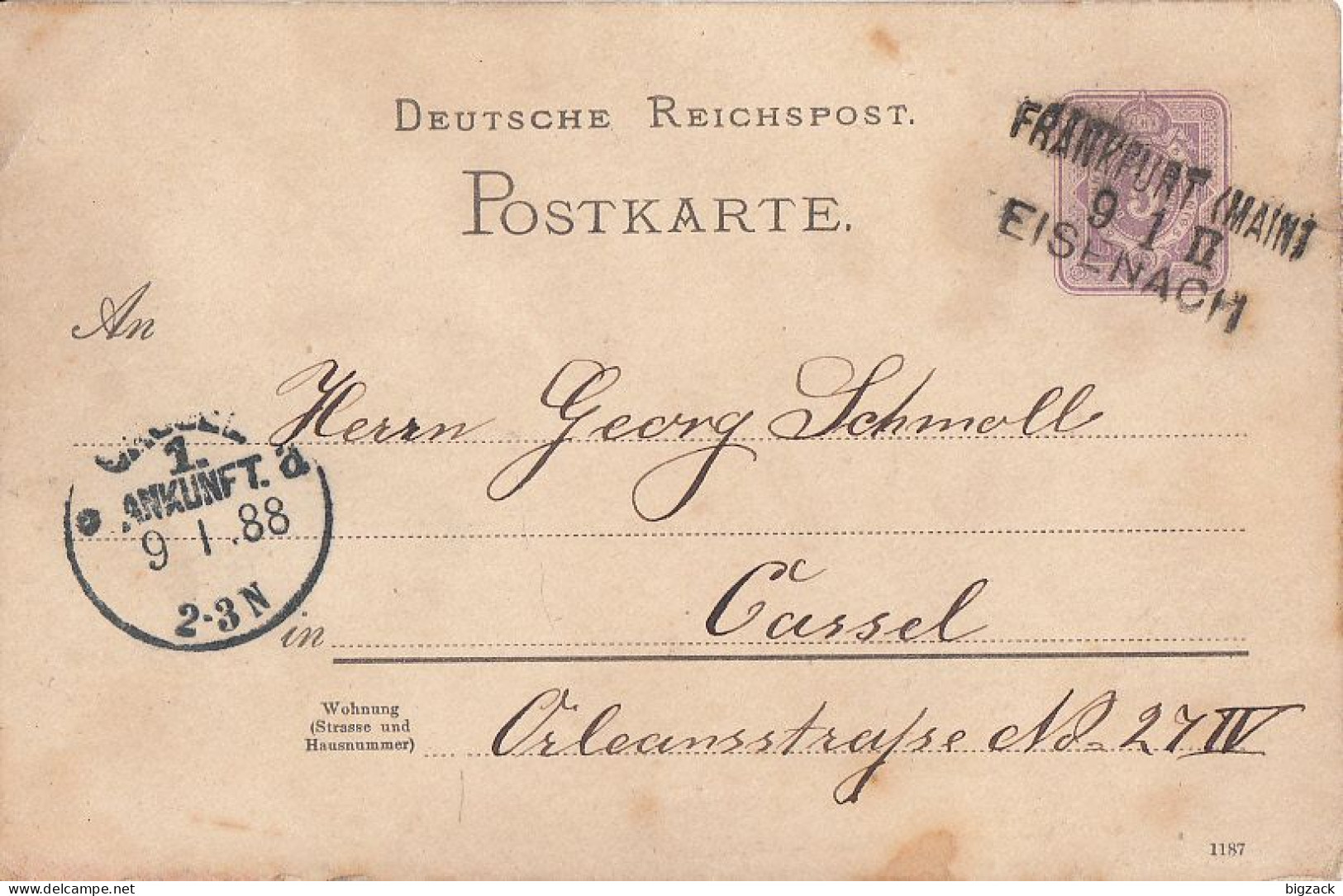 DR Ganzsache L3 Bpst. Frankfurt (Main) 9 1 II Eisenach Gel. Nach Cassel - Lettres & Documents