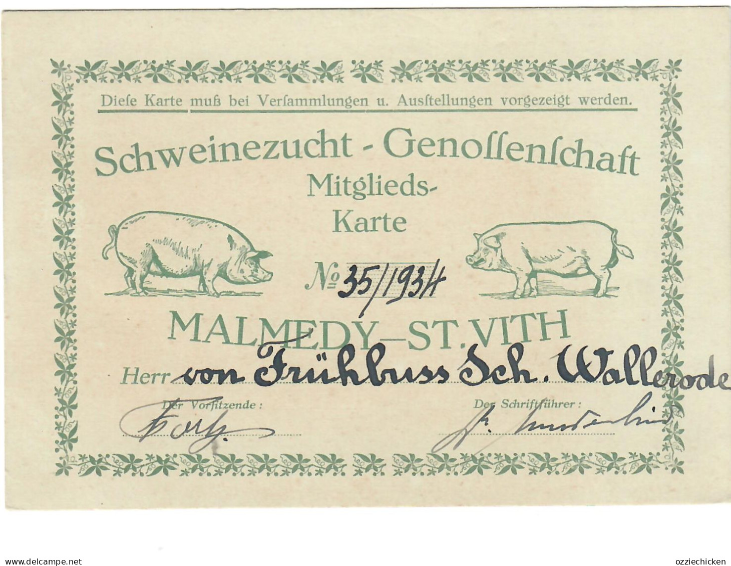 St Vith Schloss Wallerode Von Frühbuss 1935 Mitgliedskarten Pferde - Schweinezucht  Kanton Malmedy St Vith - Saint-Vith - Sankt Vith