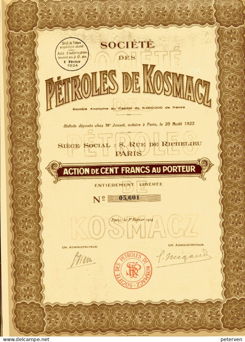 PÉTROLES De KOSMACZ; Action De 100 Francs - Zonder Classificatie