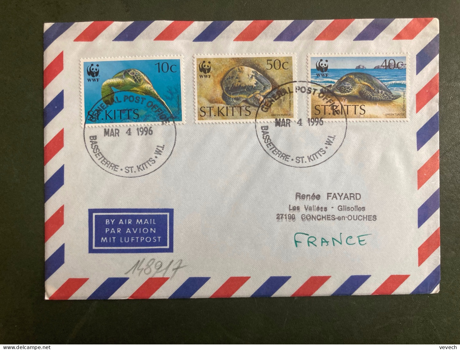 LETTRE Par Avion Pour La FRANCE TP TORTUE 10c + 50c + 40c OBL. MAR 4 1996 BASSETERRE - St.Kitts En Nevis ( 1983-...)