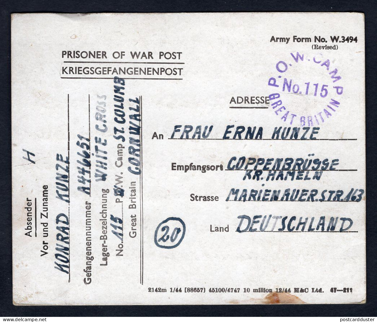 GB 1946 German POW Camp No115 Postcard To Coppenbrügge Kreis Hammeln (p1984) - Lettres & Documents