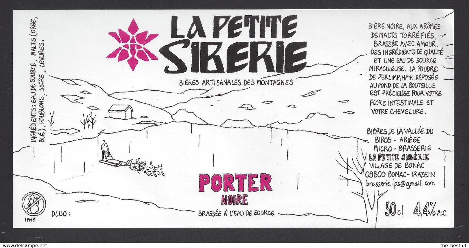 Etiquette De Bière Porter Noire   -   Brasserie La Petite Sibérie à Bonac Irazein (09)  -  Thème Traineau à Chiens - Bier