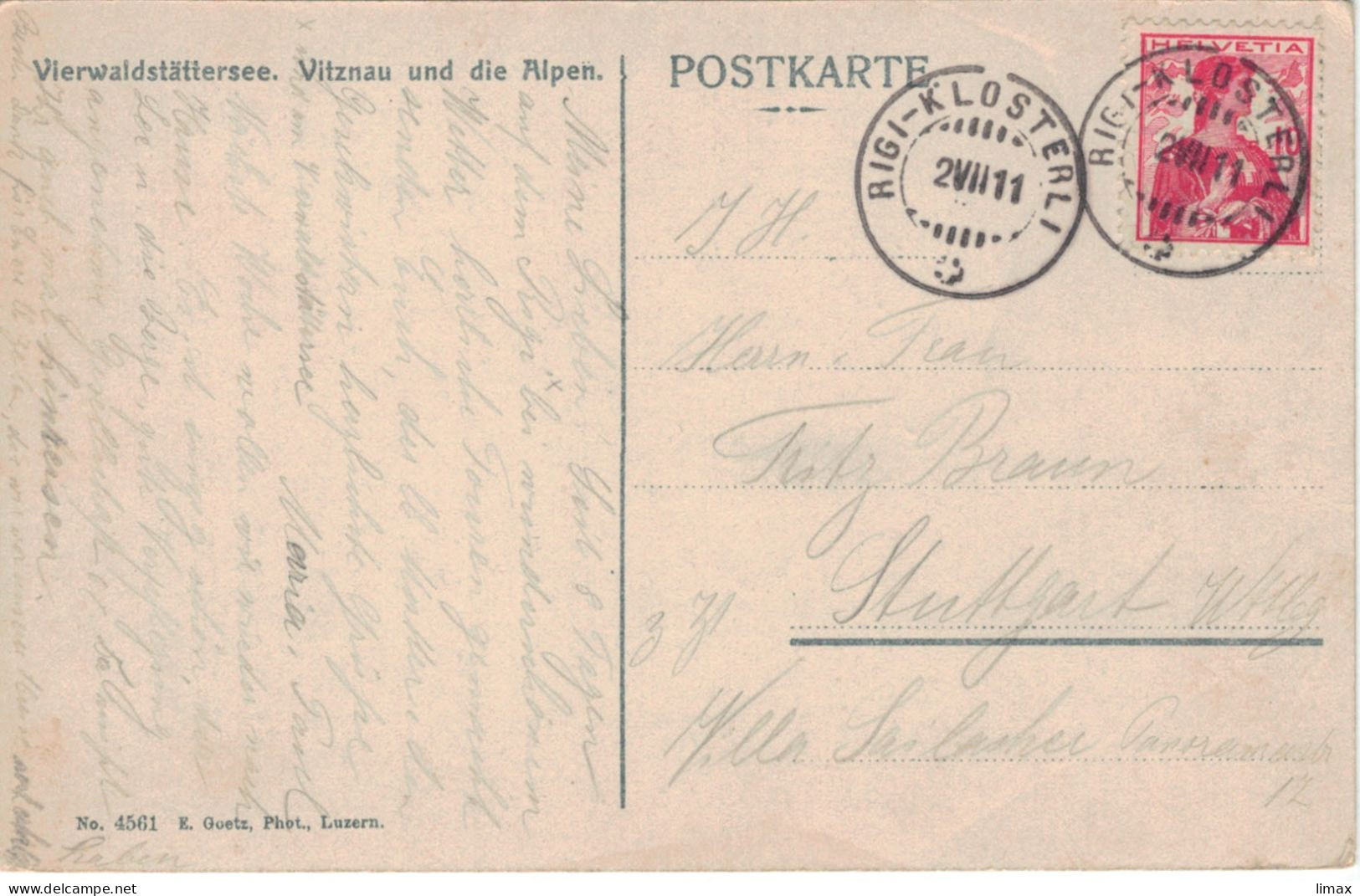 AK Vitznau Alpen - Rigi Klosterli 1911 > Stuttgart - Storia Postale