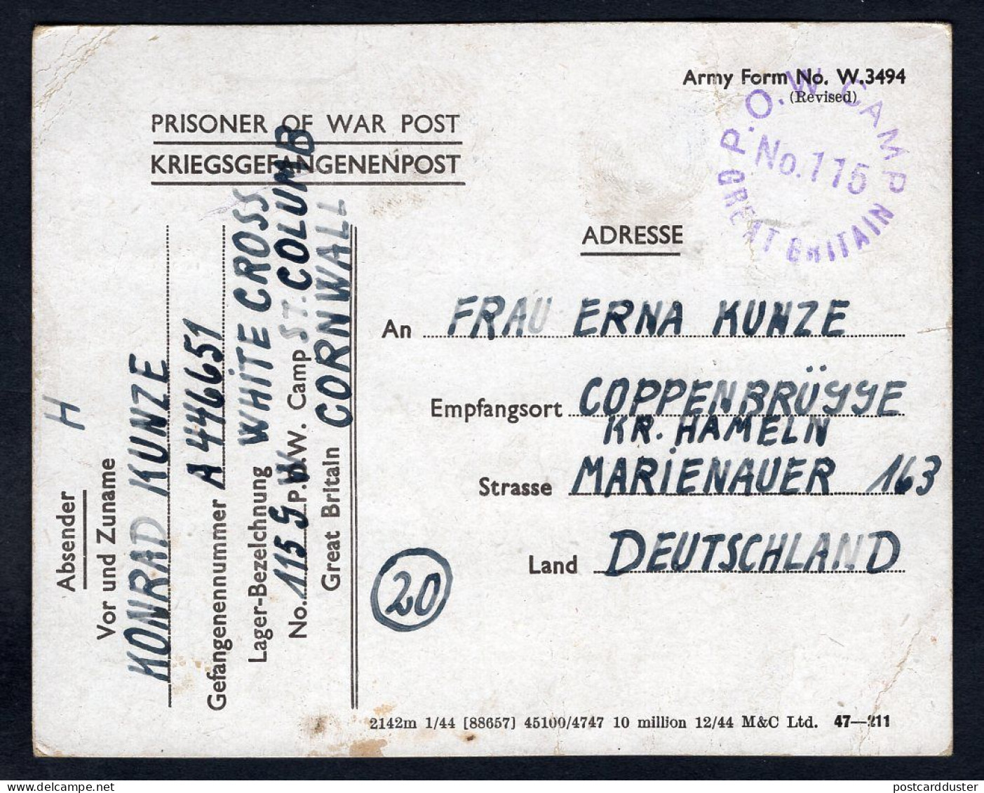 GB 1946 German POW Camp No115 Postcard To Coppenbrügge Kreis Hammeln (p2881) - Brieven En Documenten