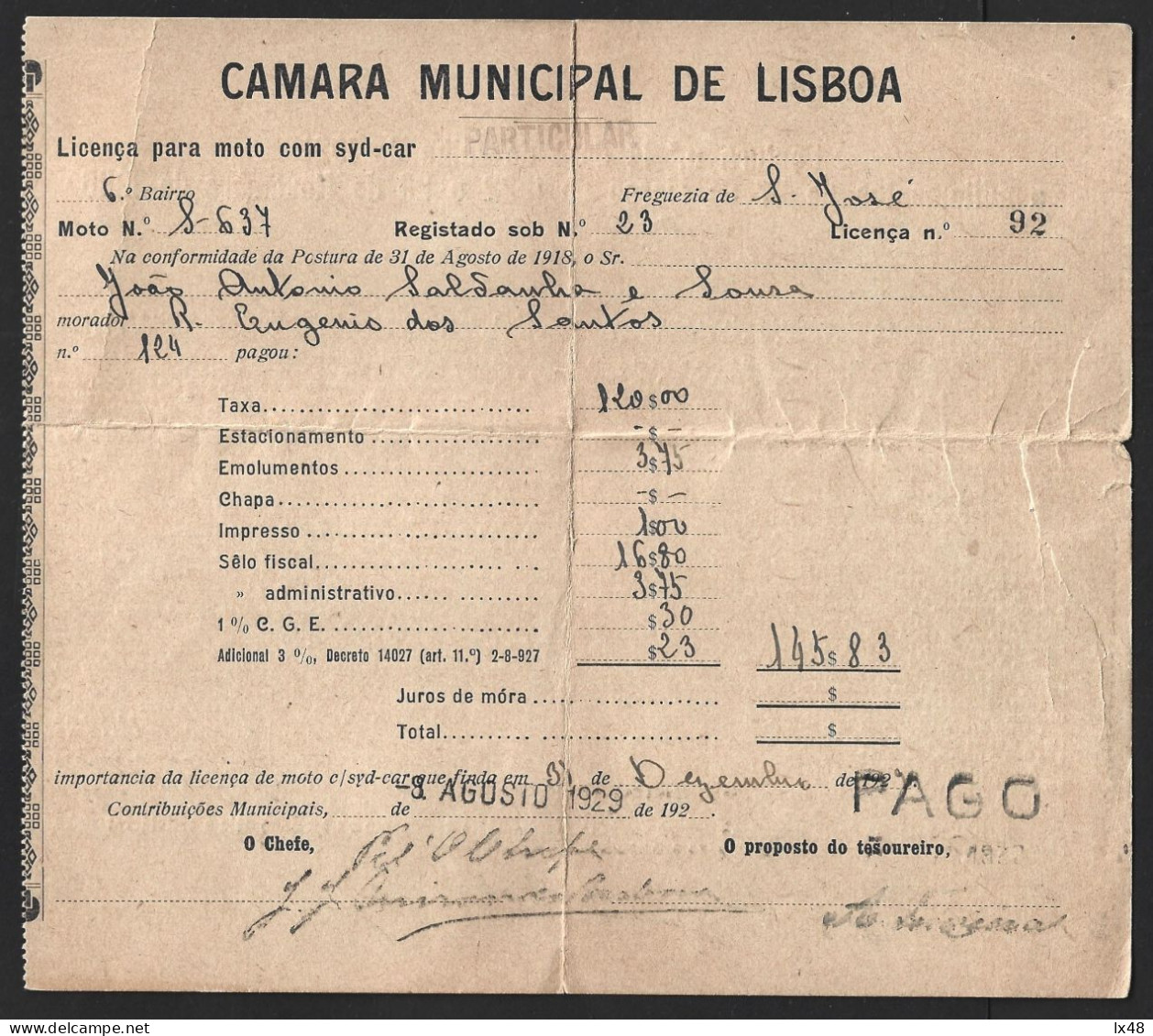 License For Motorcycle With Syd-car From Lisbon City Council 1929. Licença De Moto Com Syd-car Da Câmara Municipal Lisbo - Decrees & Laws