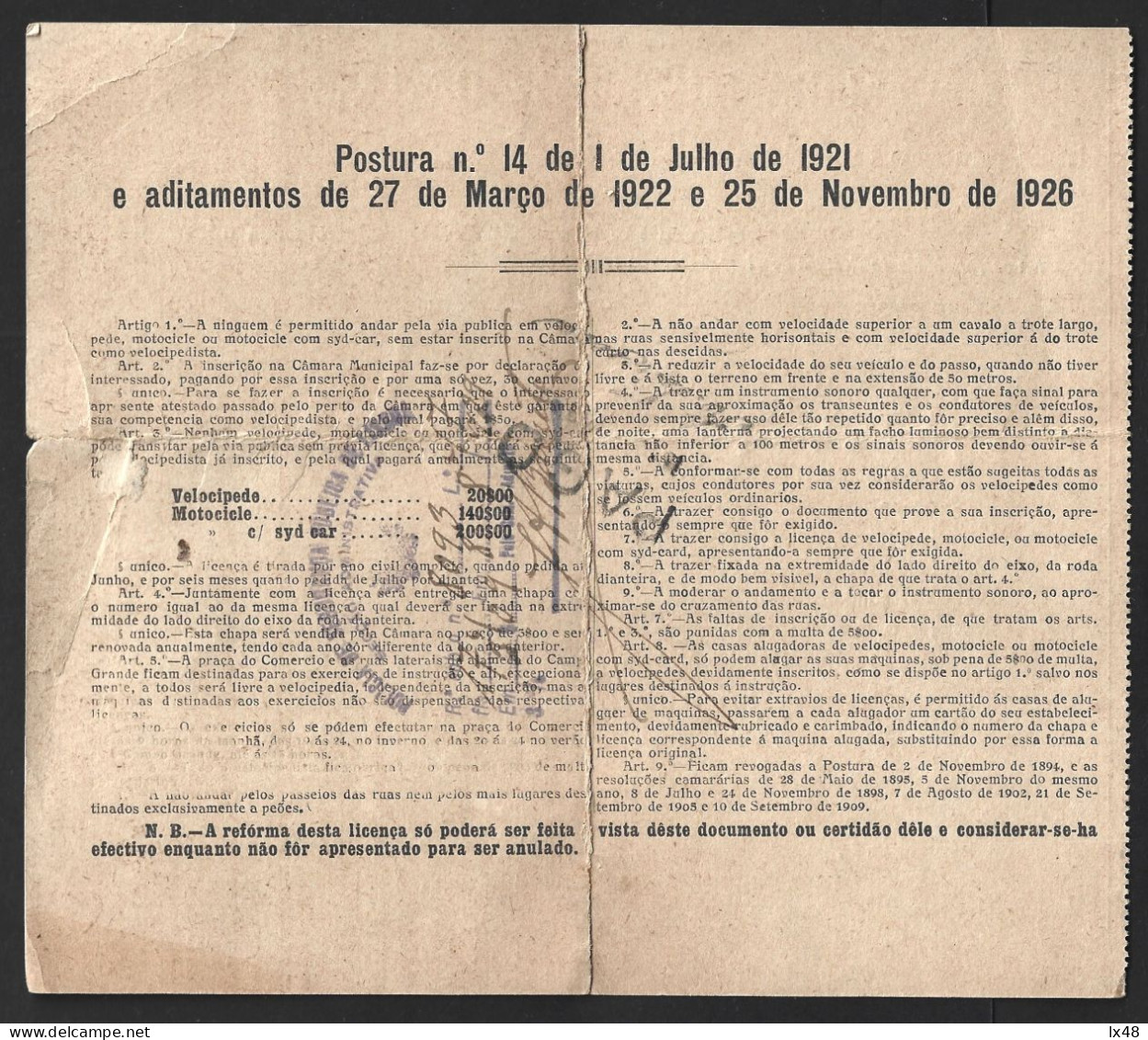 License For Motorcycle With Syd-car From Lisbon City Council 1929. Licença De Moto Com Syd-car Da Câmara Municipal Lisbo - Decrees & Laws