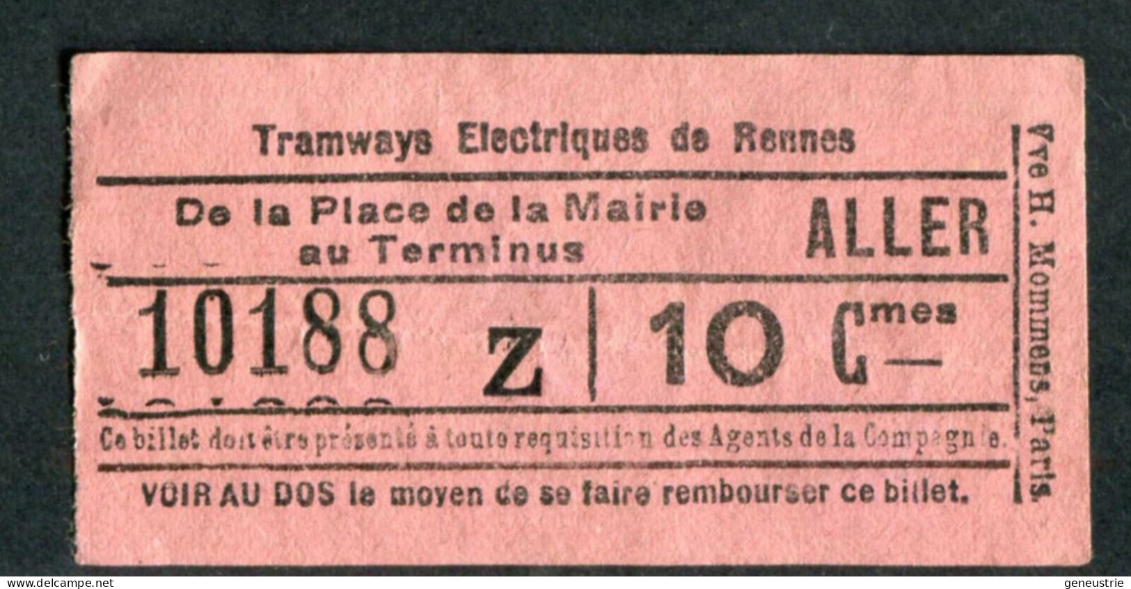 Ticket Tramway Début XXe "Tramways Electriques De Rennes / Pl. De La Mairie" Billet Transport Bretagne - Europe