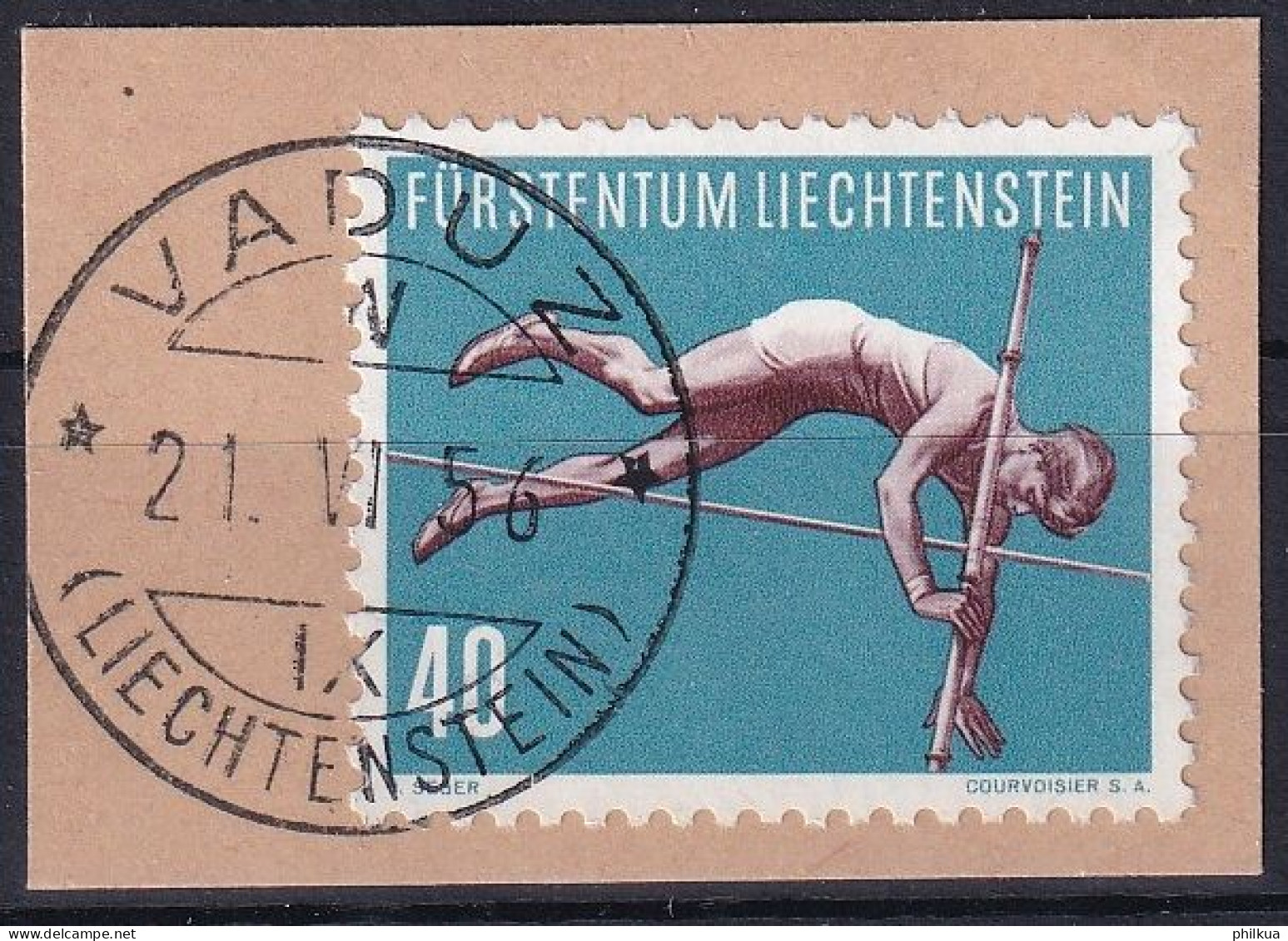 MiNr. 344 Liechtenstein 1956, 21. Juni. Sport (III) Stabhochsprung Sauber Gestempelt Vaduz Auf Ausschnitt - Gebruikt