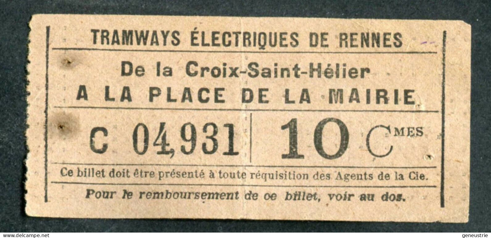 Ticket Tramway Début XXe "Tramways Electriques De Rennes / Croix St Hélier" Billet Transport Bretagne - Europe