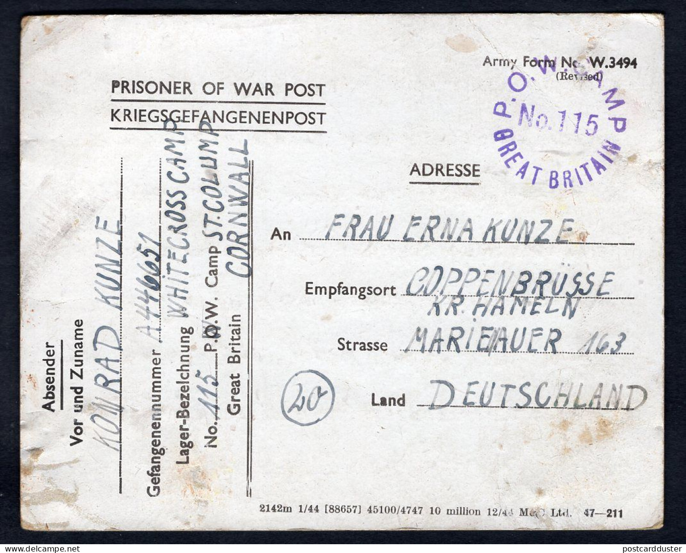 GB 1946 German POW Camp No115 Postcard To Coppenbrügge Kreis Hammeln (p2300) - Brieven En Documenten