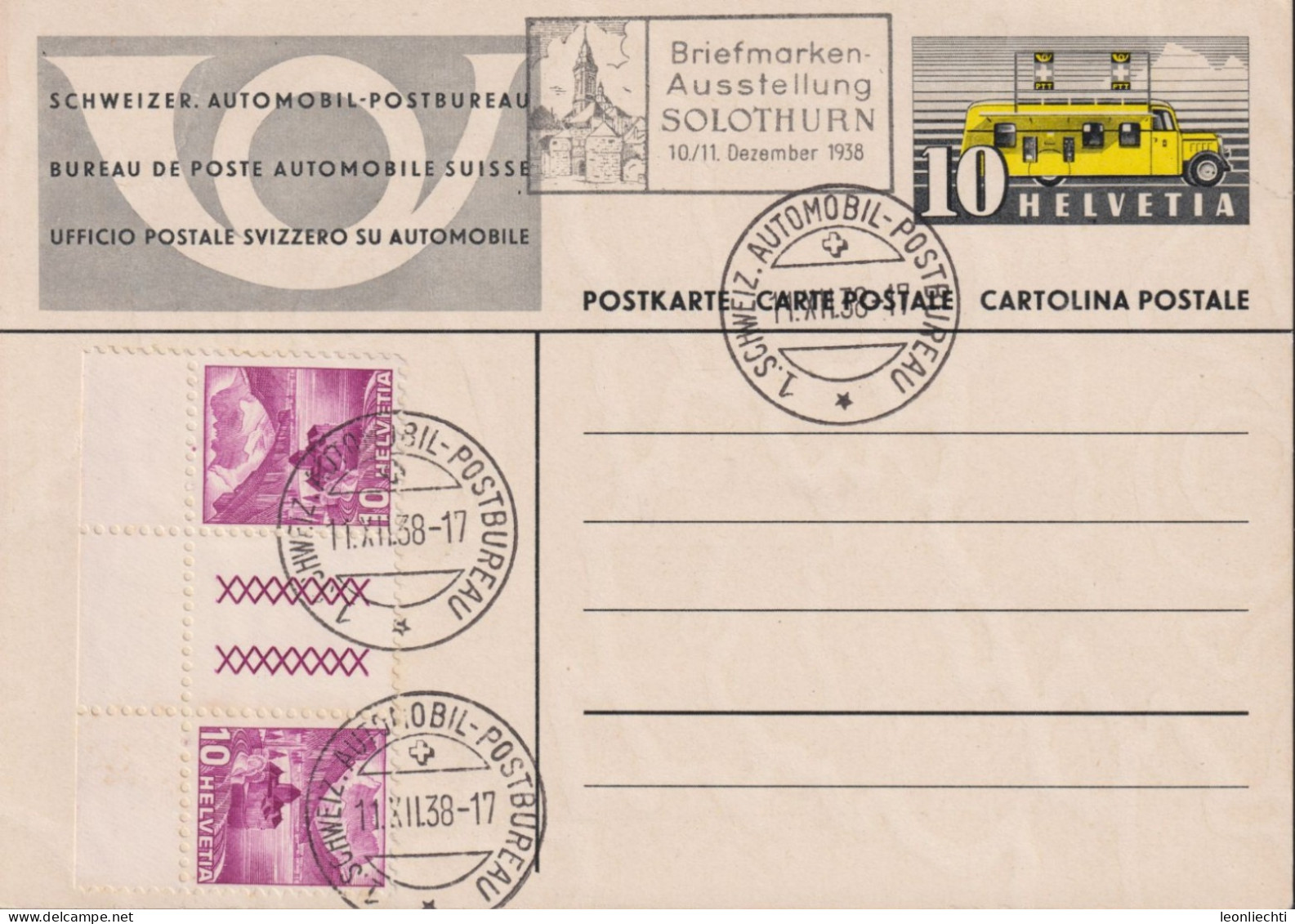 1937 Schweier Automobil Postbureau Zum:144b+ S51A, Postauto, Flagge: Briefmarken-Ausstellung SOLOTHURN 1938 - Stamped Stationery