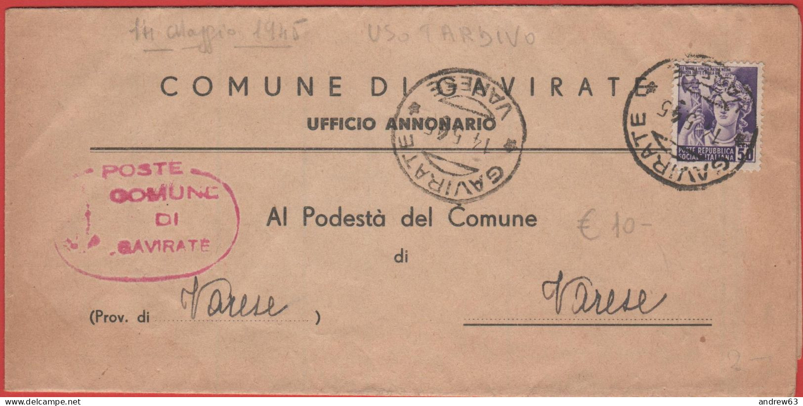 ITALIA - Storia Postale Repubblica Sociale - 1945 (Uso Tardivo) - 50c Monumenti Distrutti -Piego Manoscritto Tra Sindaci - Marcophilia