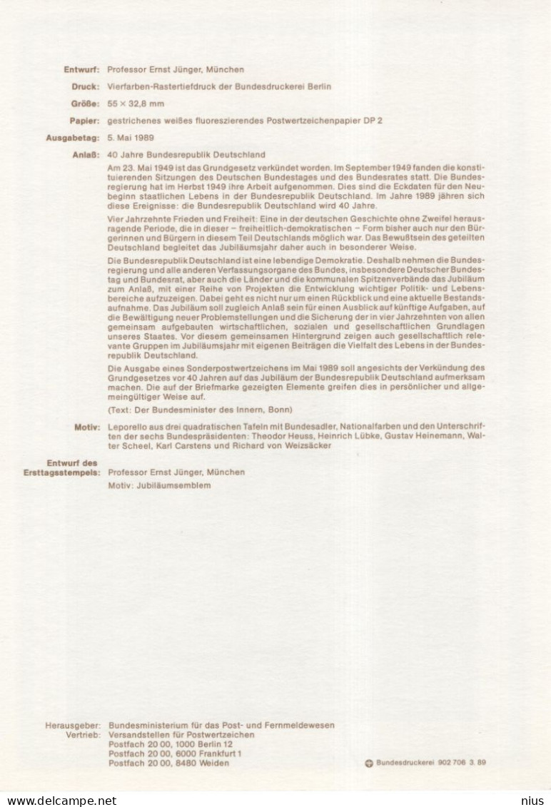 Germany Deutschland 1989-16 40 Jahre Bundesrepublik Deutschland, Canceled In Bonn - 1981-1990