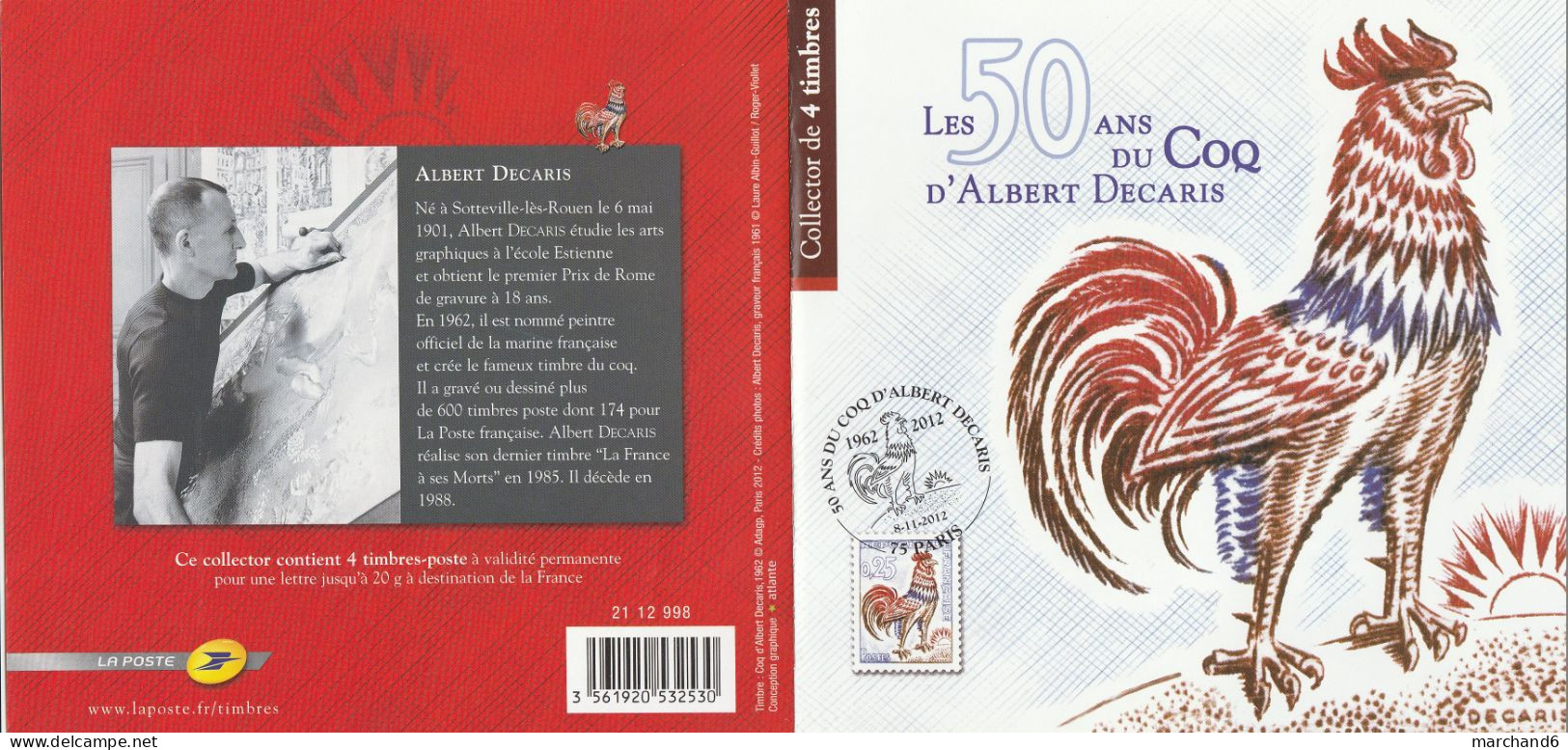 Feuillet Collector Les 50 Ans Du Coq D Albert Decaris France 2012 IDT L P 20gr 4 Timbres Autoadhésifs N°182 - Collectors