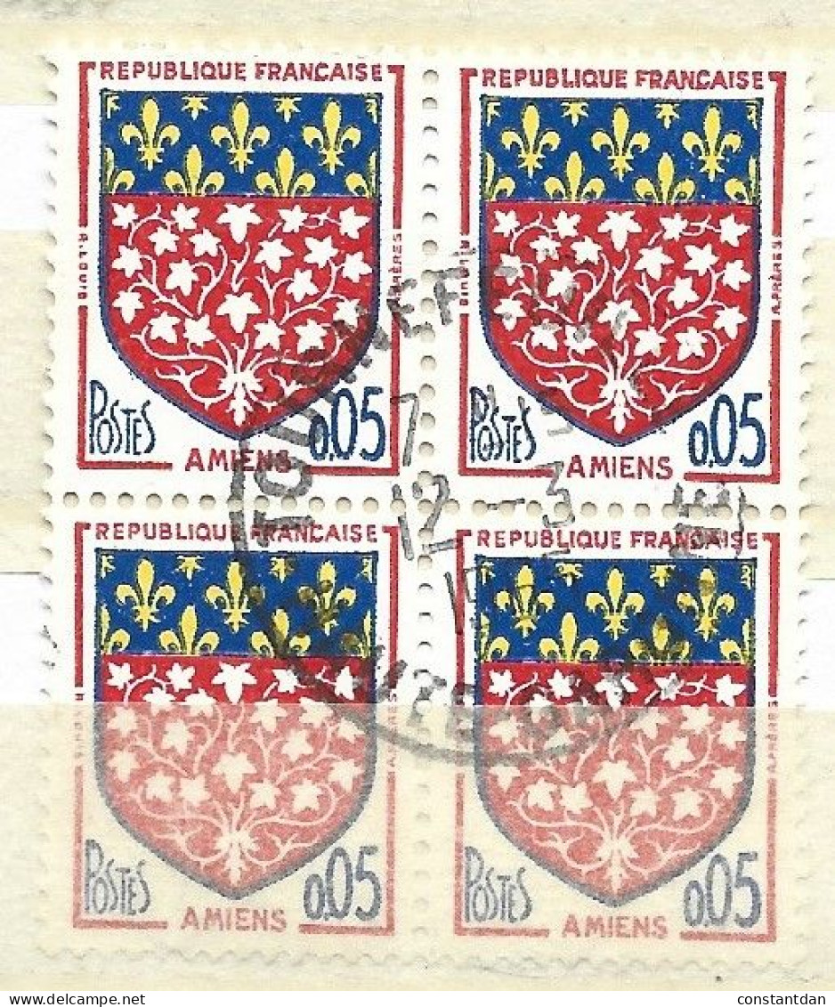 FRANCE N° 1352 5C  JAUME BLEU BLAC ET ROUGE BLASON D'AMIENS  BLOC DE 4 OBL - Gebraucht