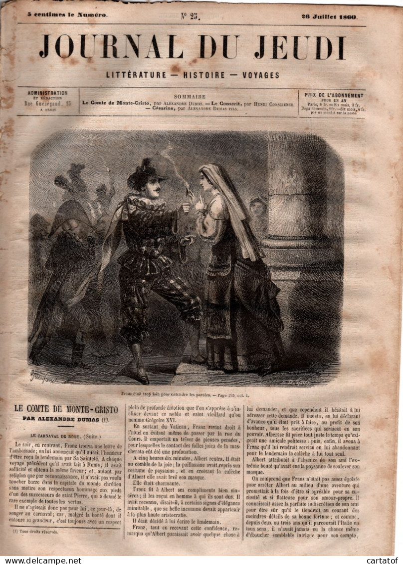 JOURNAL DU JEUDI . N° 25 .  1860 . Littérature . Histoire . Voyages . DUMAS . CONSCIENCE - 1800 - 1849