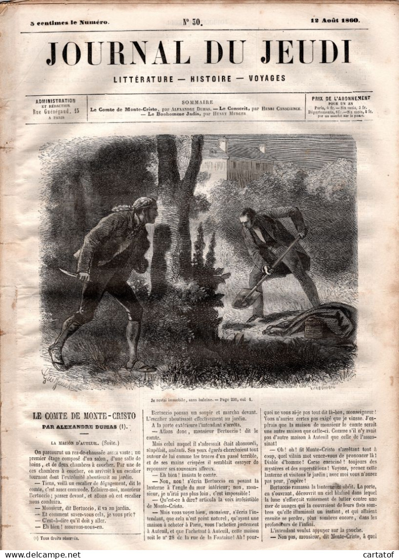 JOURNAL DU JEUDI . N° 30 .  1860 . Littérature . Histoire . Voyages . DUMAS . CONSCIENCE . MURGERDUMAS . SOUVESTRE - 1800 - 1849