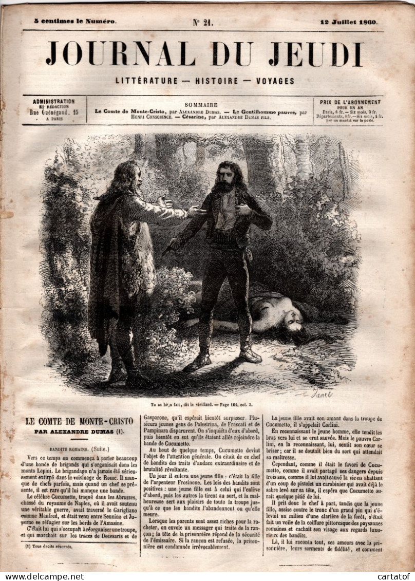 JOURNAL DU JEUDI . N° 21 .  1860 . Littérature . Histoire . Voyages . DUMAS . CONSCIENCE - 1800 - 1849
