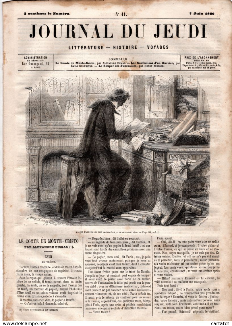 JOURNAL DU JEUDI . N° 11 .  1860 . Littérature . Histoire . Voyages . DUMAS . SOUVESTRE . MURGER - 1800 - 1849