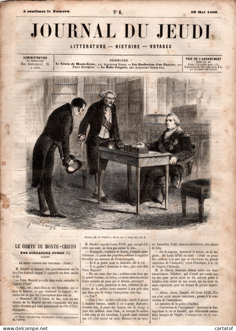 JOURNAL DU JEUDI . N° 6 .  1860 . Littérature . Histoire . Voyages . DUMAS . SOUVESTRE - 1800 - 1849