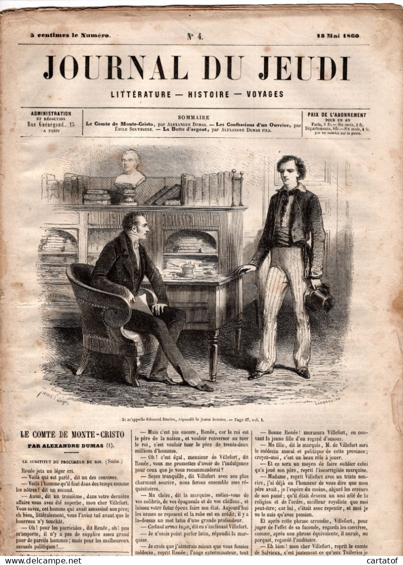 JOURNAL DU JEUDI . N° 4 .  1860 . Littérature . Histoire . Voyages . DUMAS . SOUVESTRE - 1800 - 1849