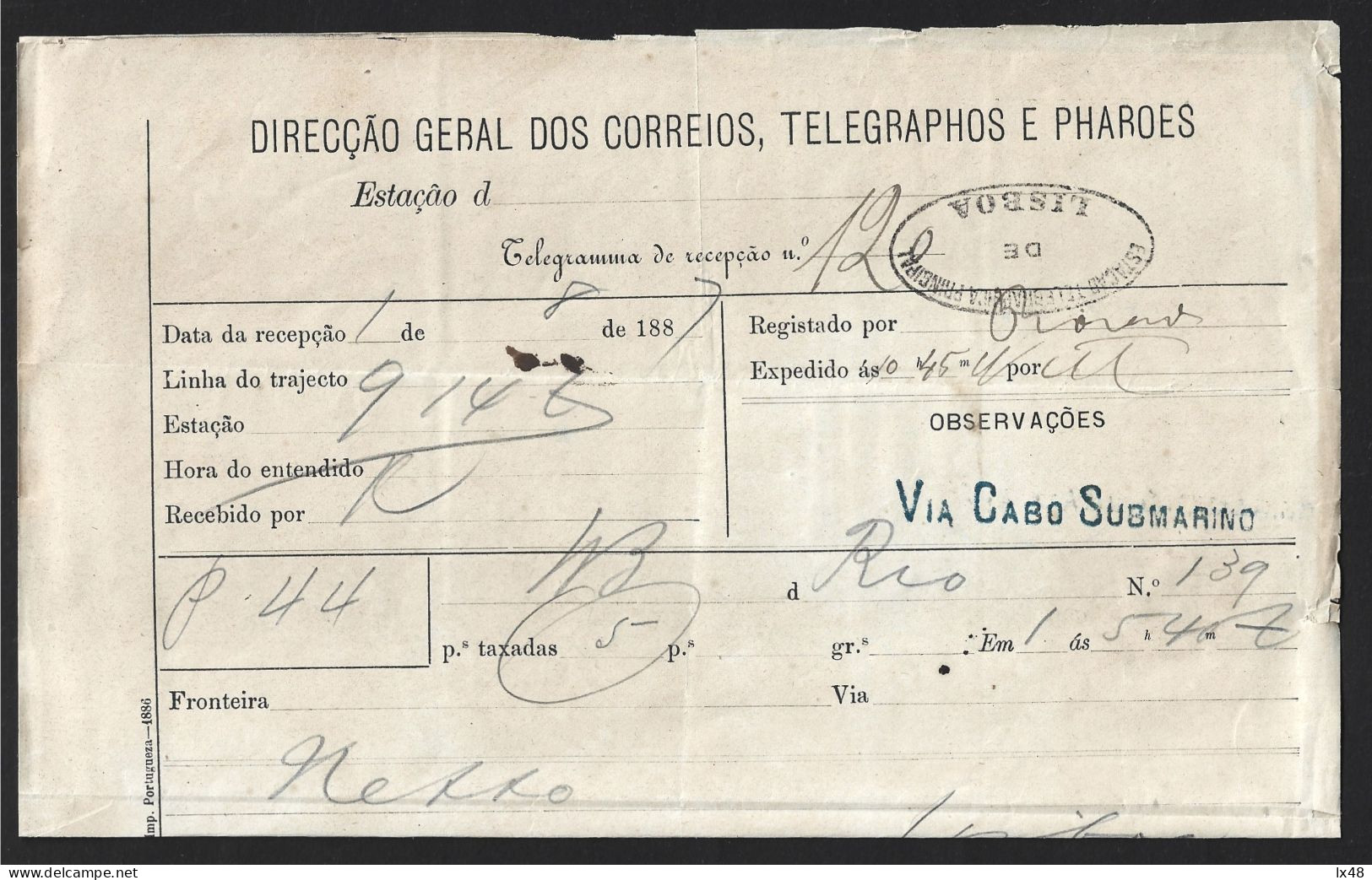 Telegrama Via Cabo Submarino Obliteração Lisboa Da Estação De Telegráfica Principal 1887.Telegram Via Submarine Cable Wi - Lettres & Documents