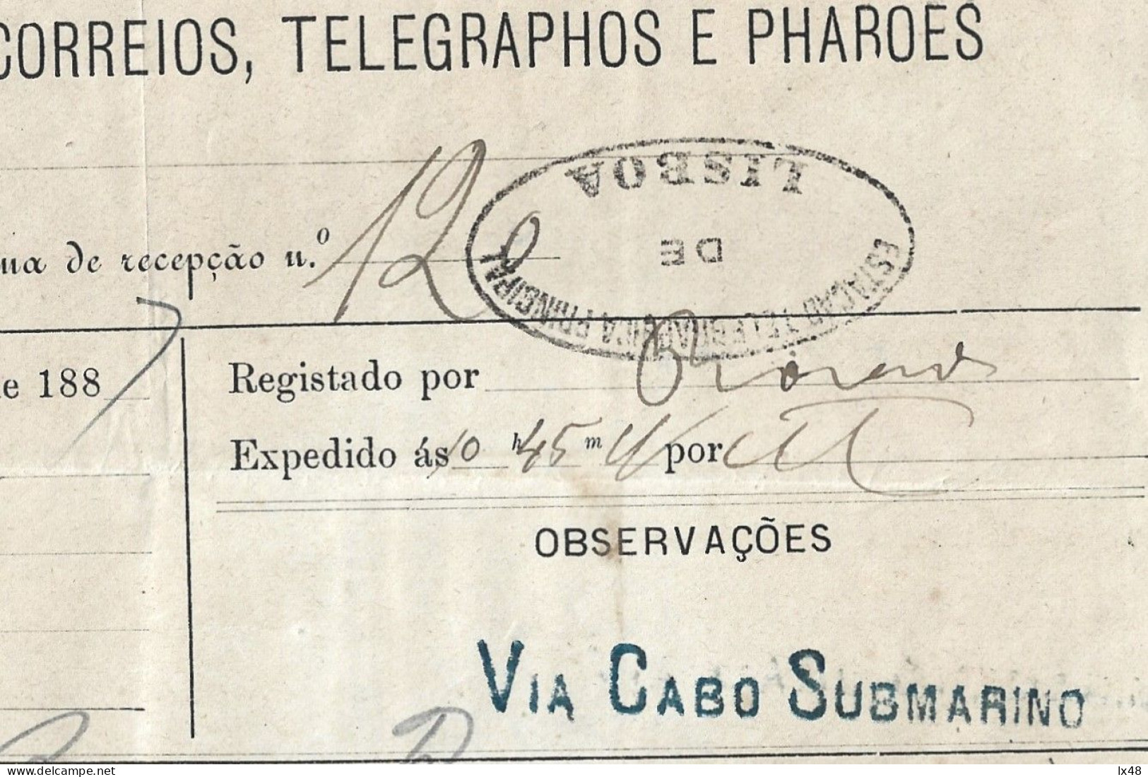Telegrama Via Cabo Submarino Obliteração Lisboa Da Estação De Telegráfica Principal 1887.Telegram Via Submarine Cable Wi - Brieven En Documenten