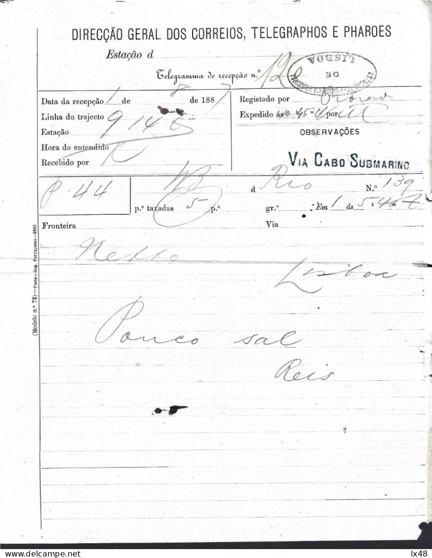 Telegrama Via Cabo Submarino Obliteração Lisboa Da Estação De Telegráfica Principal 1887.Telegram Via Submarine Cable Wi - Cartas & Documentos