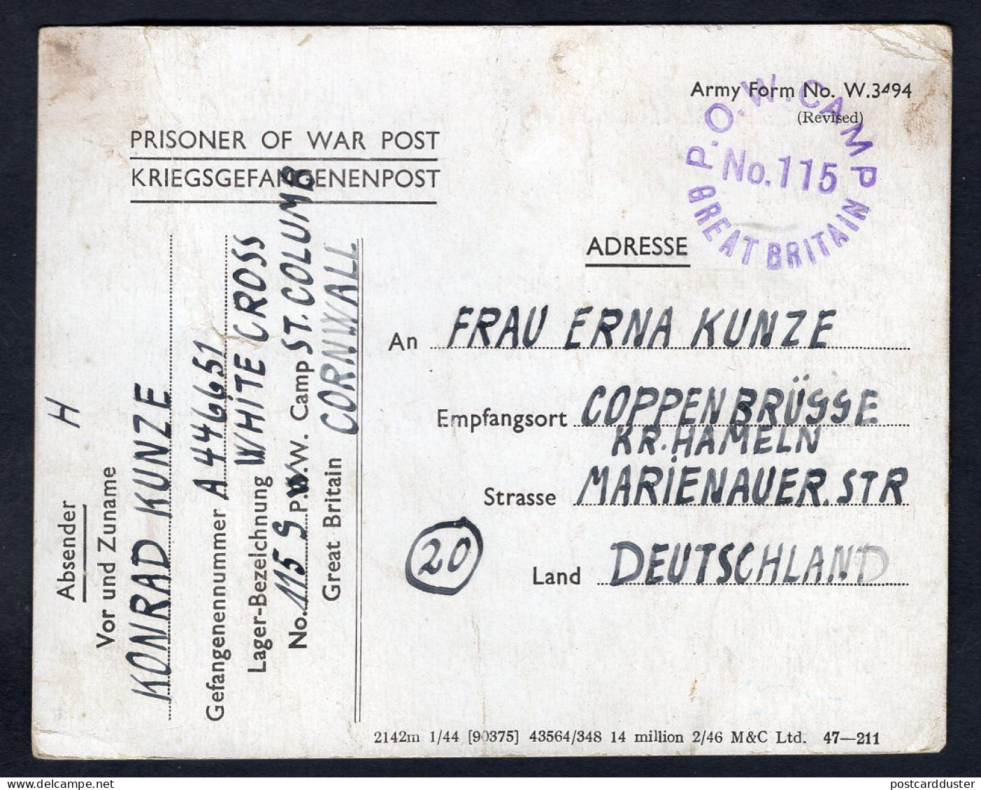 GB 1947 German POW Camp No115 Postcard To Coppenbrügge Kreis Hammeln (p1879) - Covers & Documents