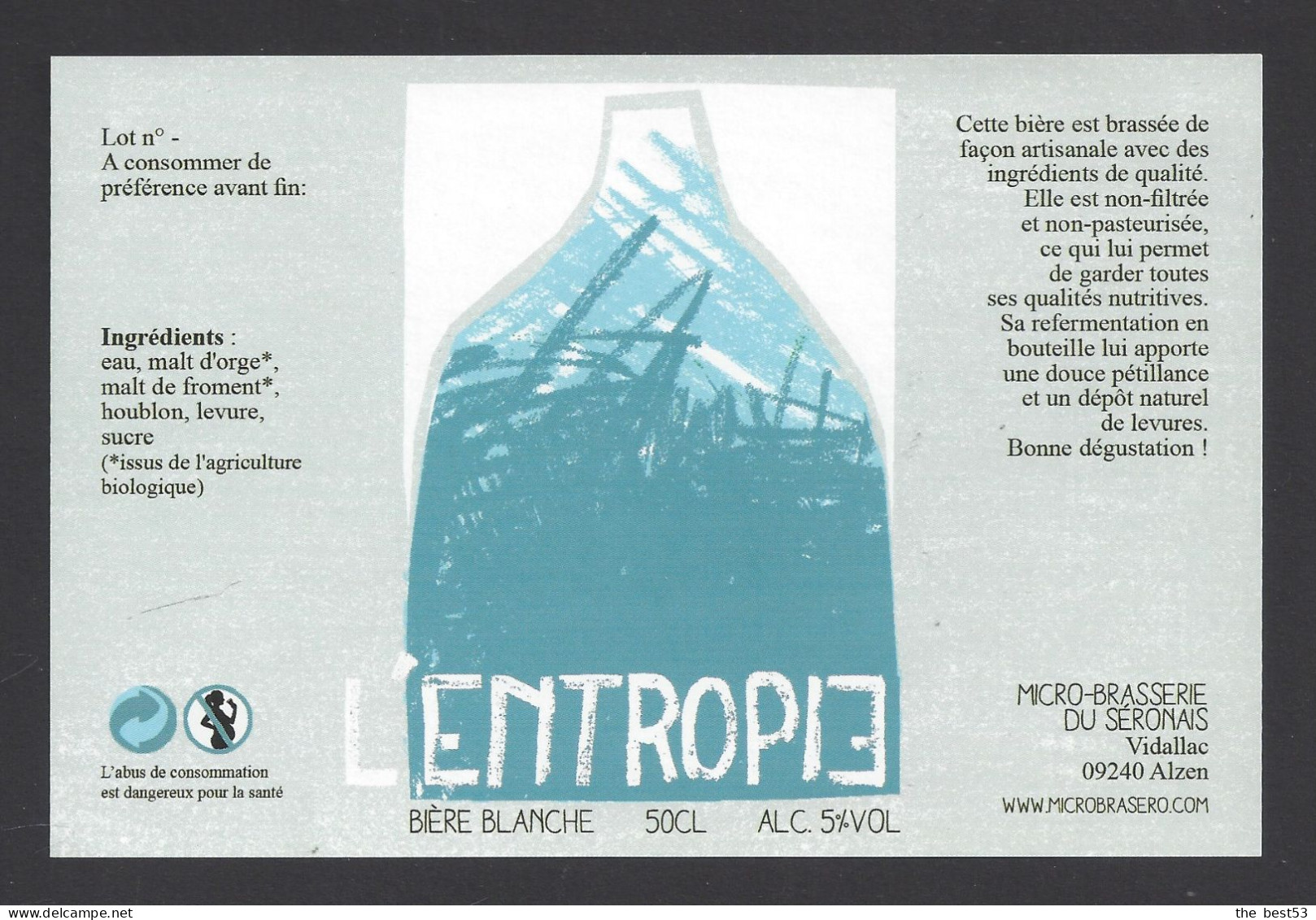 Etiquette De Bière Blanche  -  L'Entropie  -   Brasserie  Du Séronais à Alzen  (09) - Beer