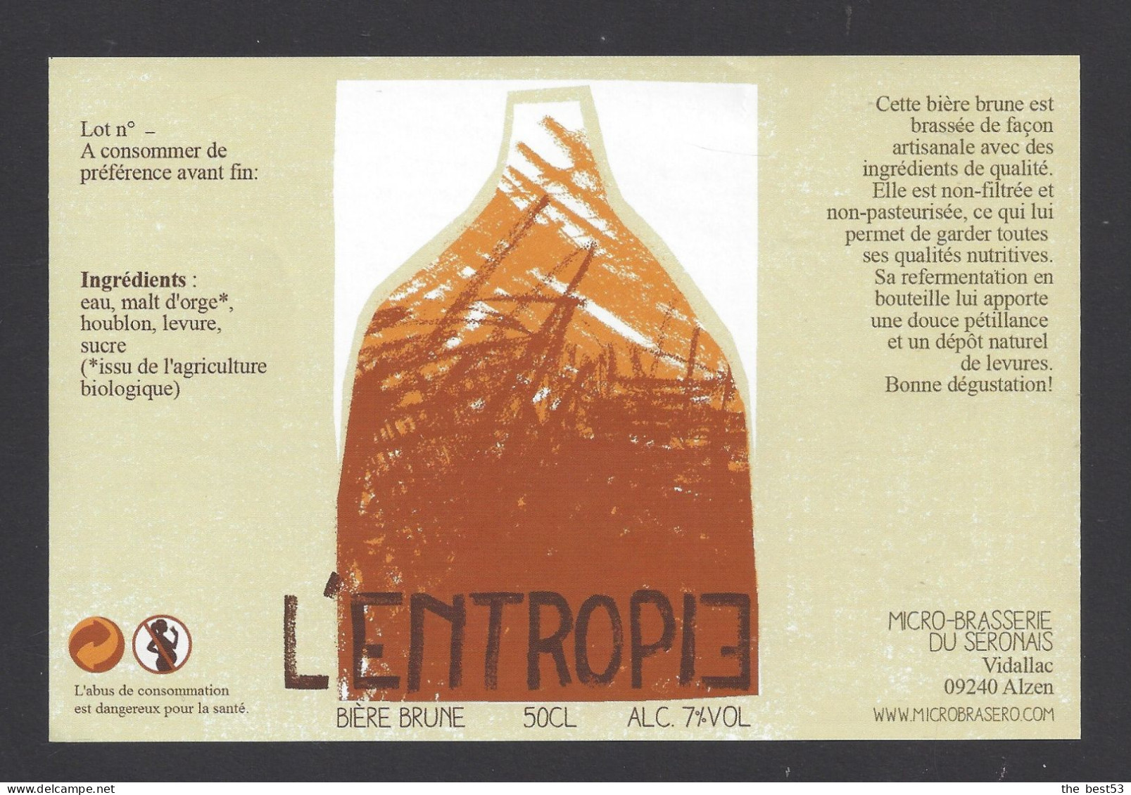 Etiquette De Bière Brune  -  L'Entropie  -   Brasserie  Du Séronais à Alzen  (09) - Bier
