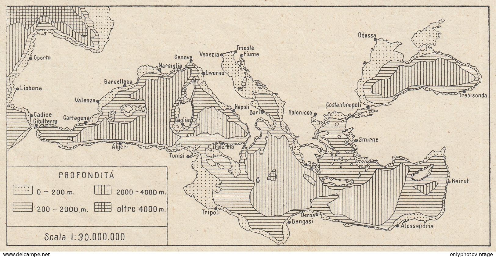 Profondità Del Mediterraneo - Mappa D'epoca - 1935 Vintage Map - Landkarten