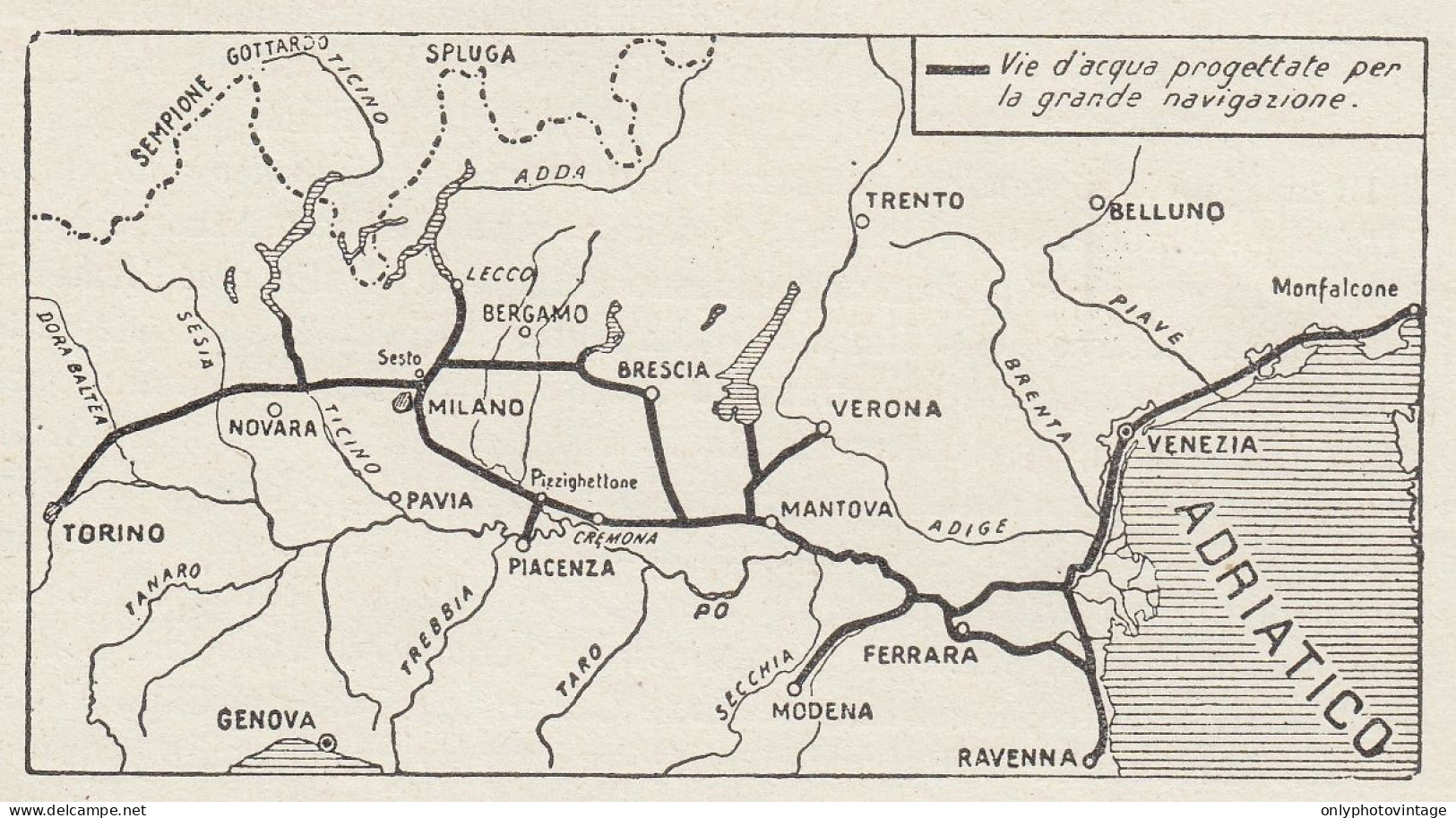 Regno D'Italia - Le Vie D'acqua Adriatico-Milano-Torino - Mappa - 1934 Map - Cartes Géographiques