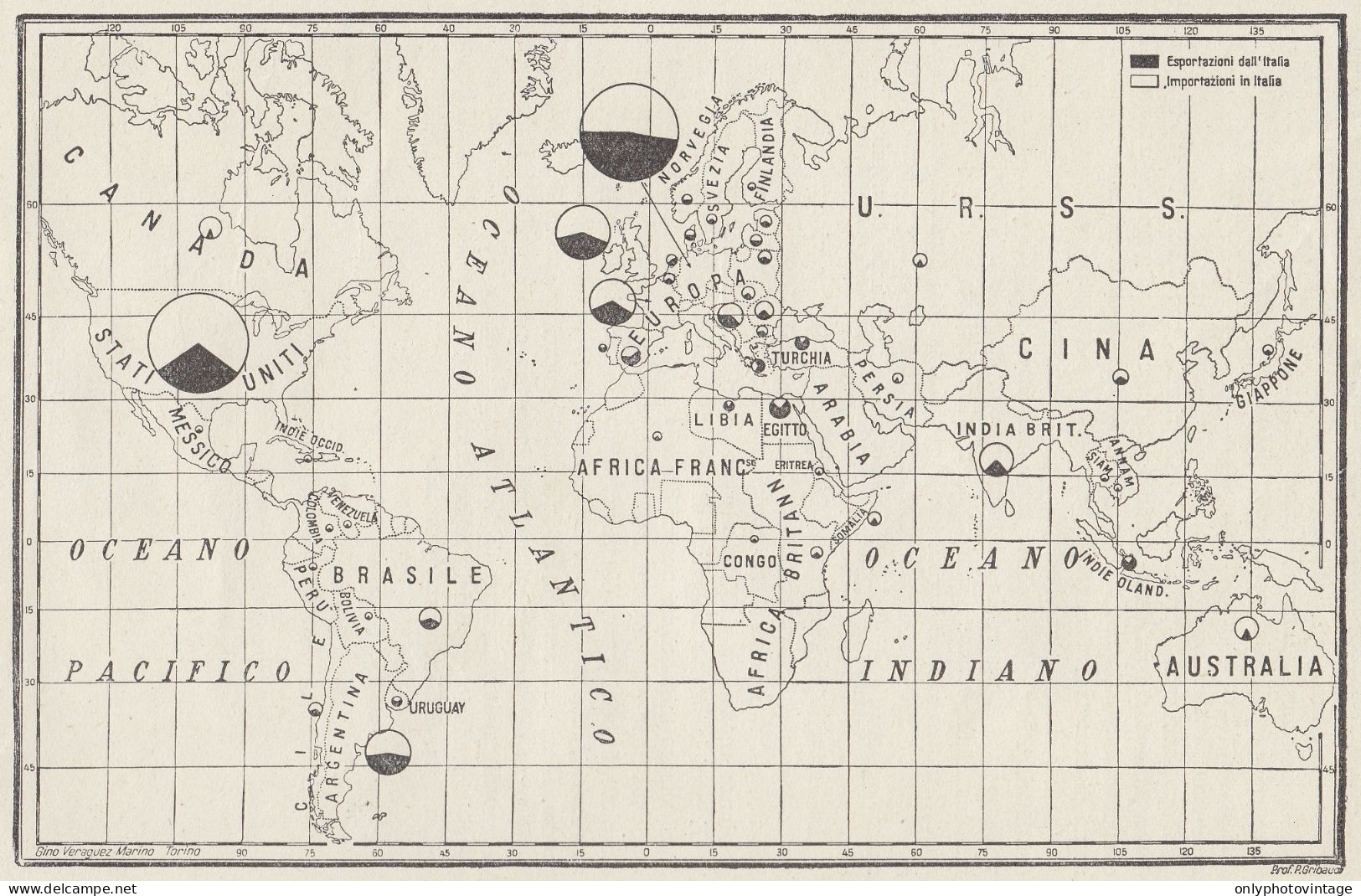 Distribuzione Del Commercio Italiano Nel Mondo - Mappa D'epoca - 1934 Map - Geographical Maps