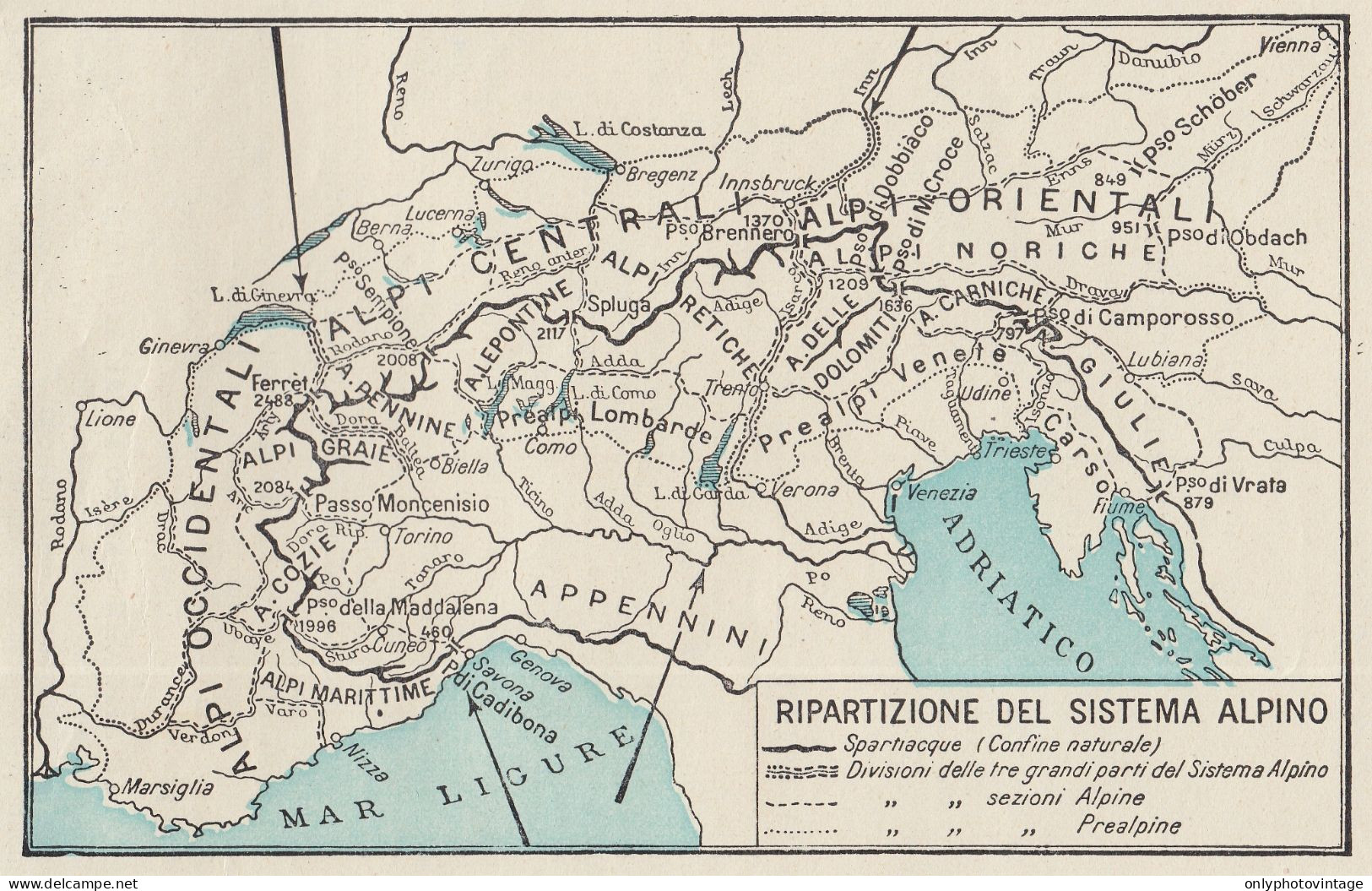 Italia - Ripartizione Del Sistema Alpino - Mappa D'epoca - 1934 Old Map - Carte Geographique