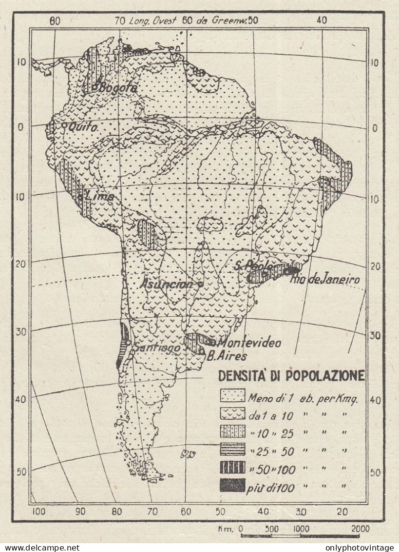 Densità Di Popolazione Dell'America Meridionale - Mappa D'epoca - 1936 Map - Carte Geographique